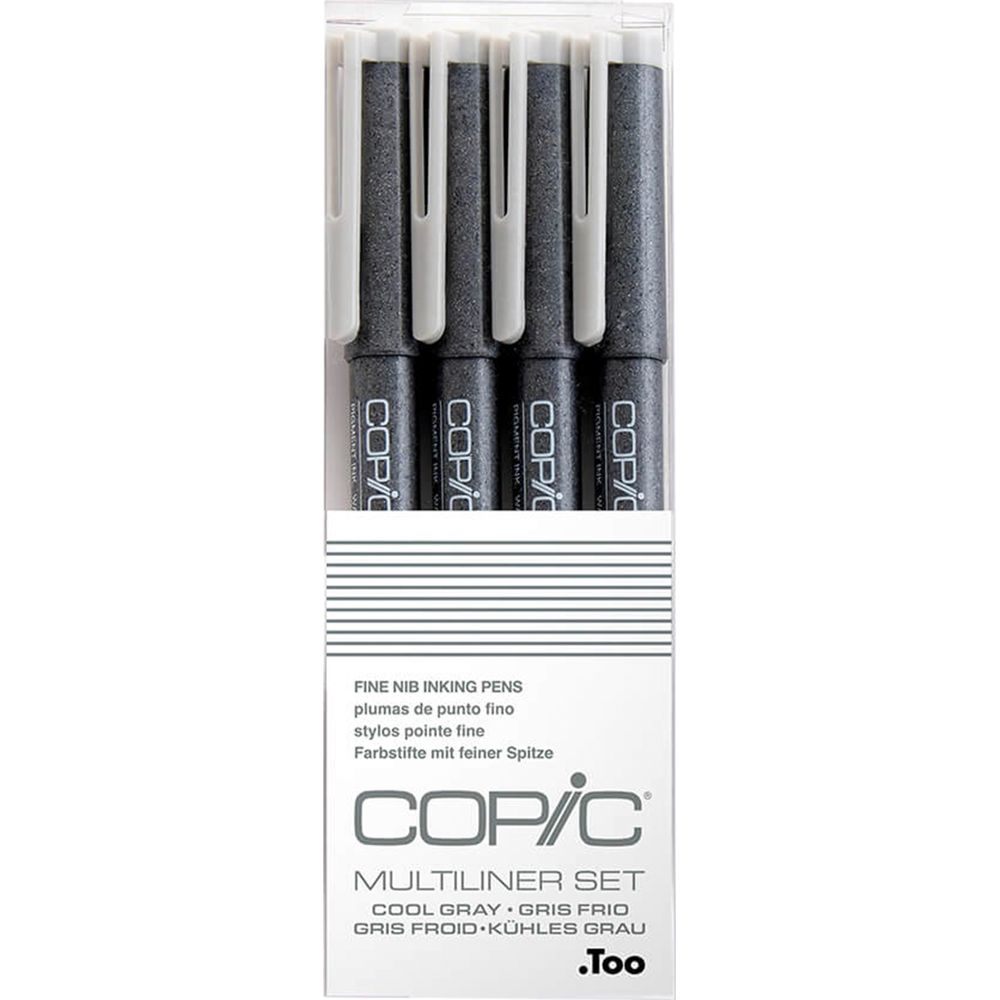 Verpackung mit vier grauen Copic Fein-Spitzen-Stiften mit weißen Kappen.