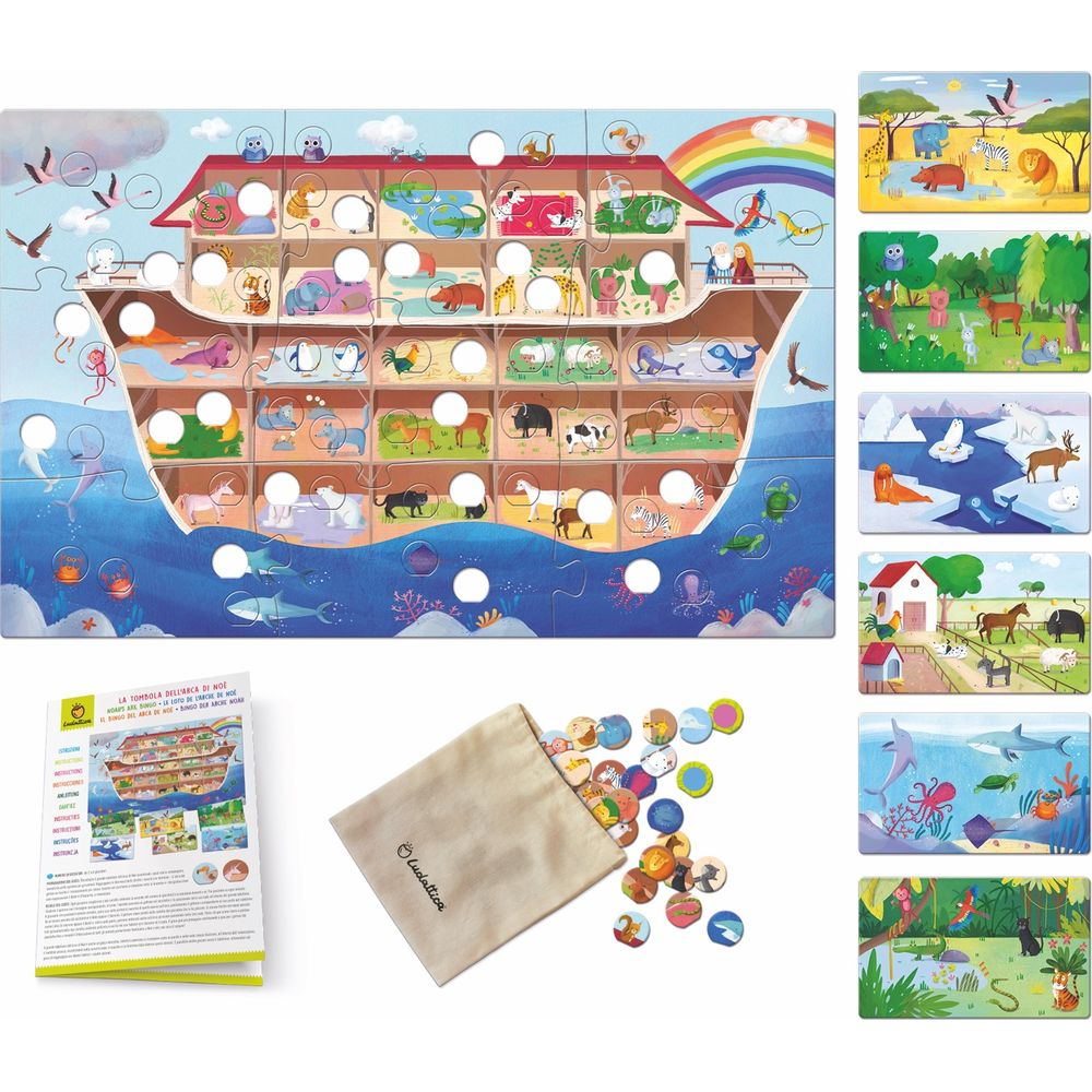 Noah's Ark Spiel mit Tieren, Regenbogen und Beutel mit Spielsteinen.