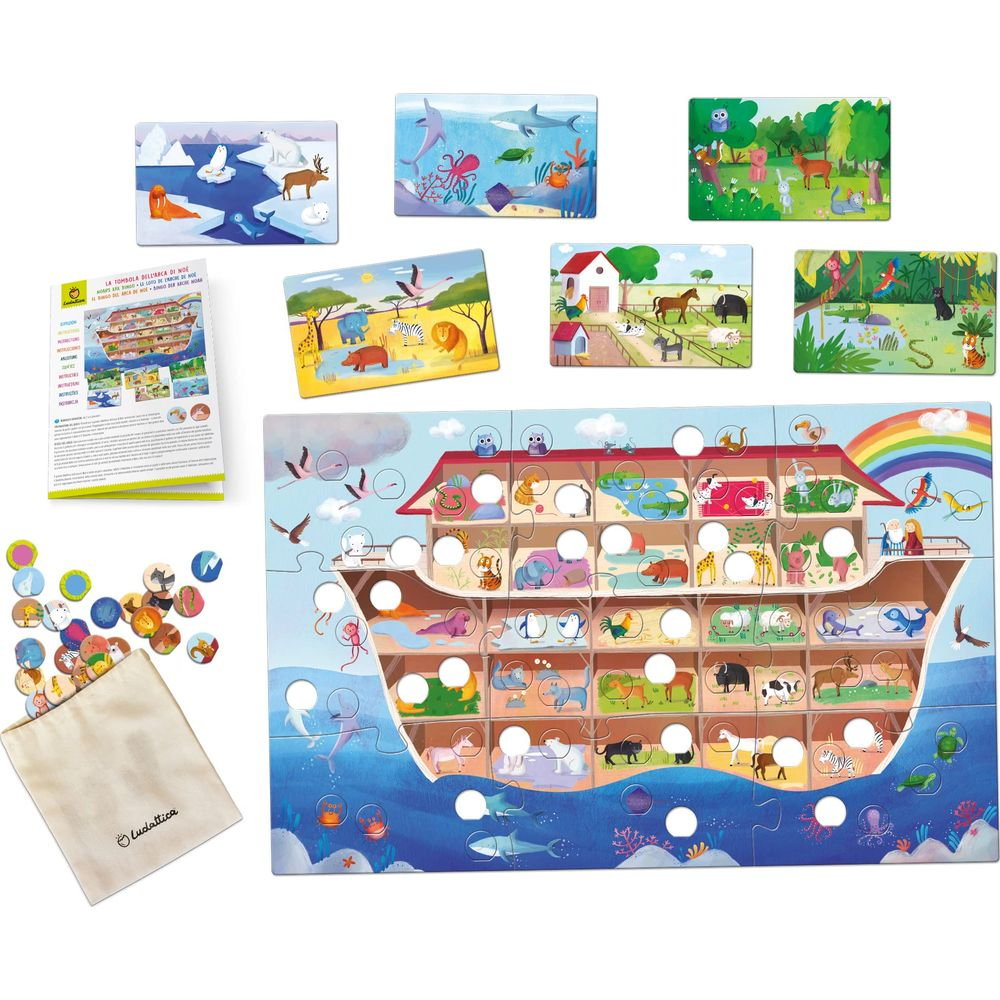 Noah's Arche Spielbrett mit Tier-Paaren, Anleitung und Beutel mit Token.