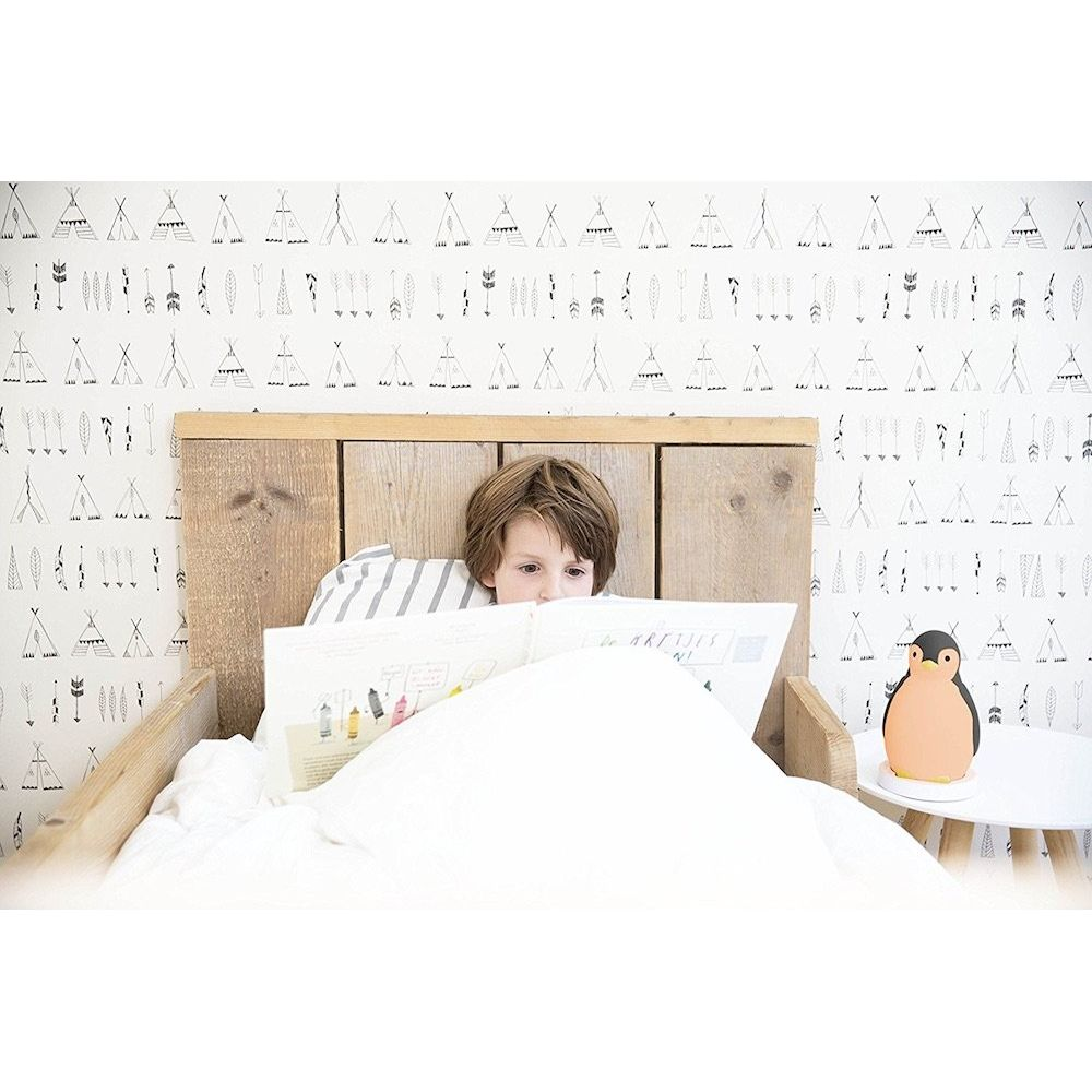Un ragazzo legge a letto con carta da parati a motivi animali. Una luce a forma di pinguino è accanto.