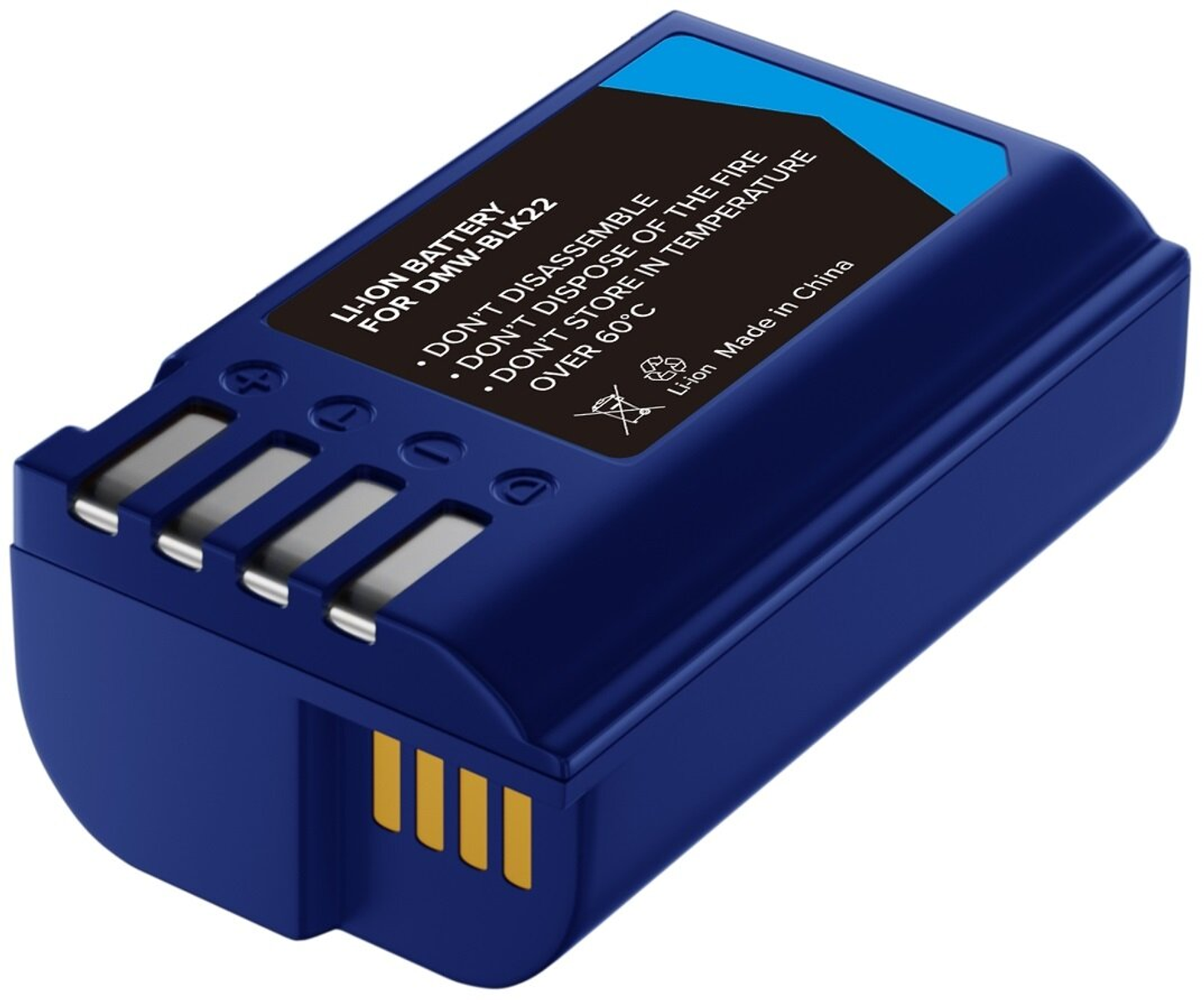 Blaue Li-Ion-Batterie für DMW-BLK22 mit Warnhinweisen und Kontakten.
