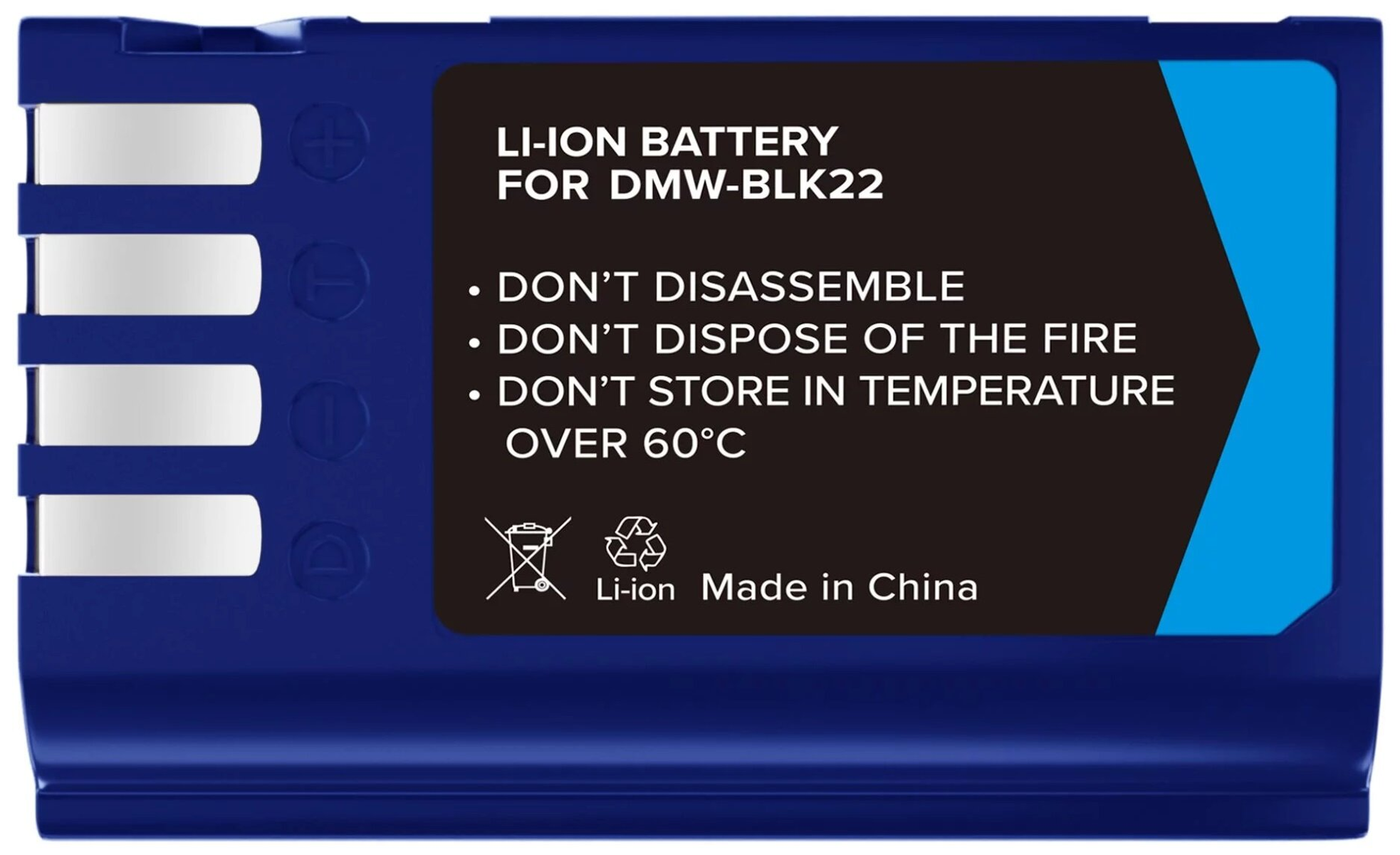 Blaue Li-Ion-Batterie für DMW-BLK22 mit Warnhinweisen und Recycling-Symbol.