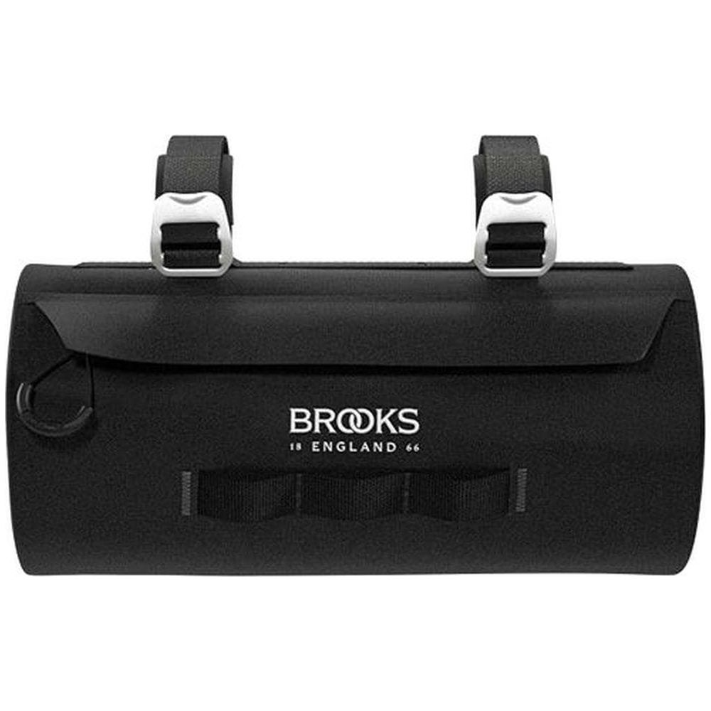 Sacoche de vélo Brooks noire avec deux sangles et logo blanc.