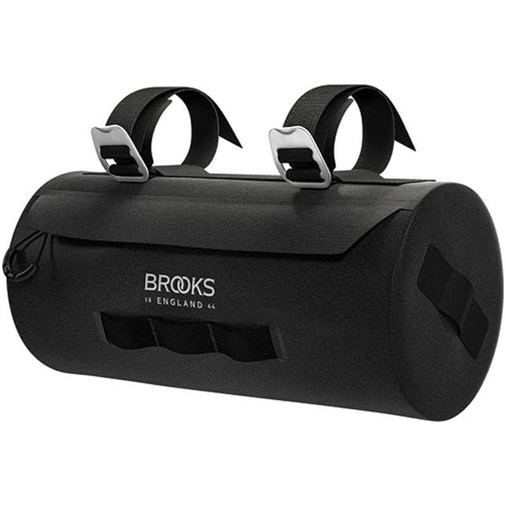 Sacoche noire Brooks pour guidon de vélo avec boucles et sangles argentées.
