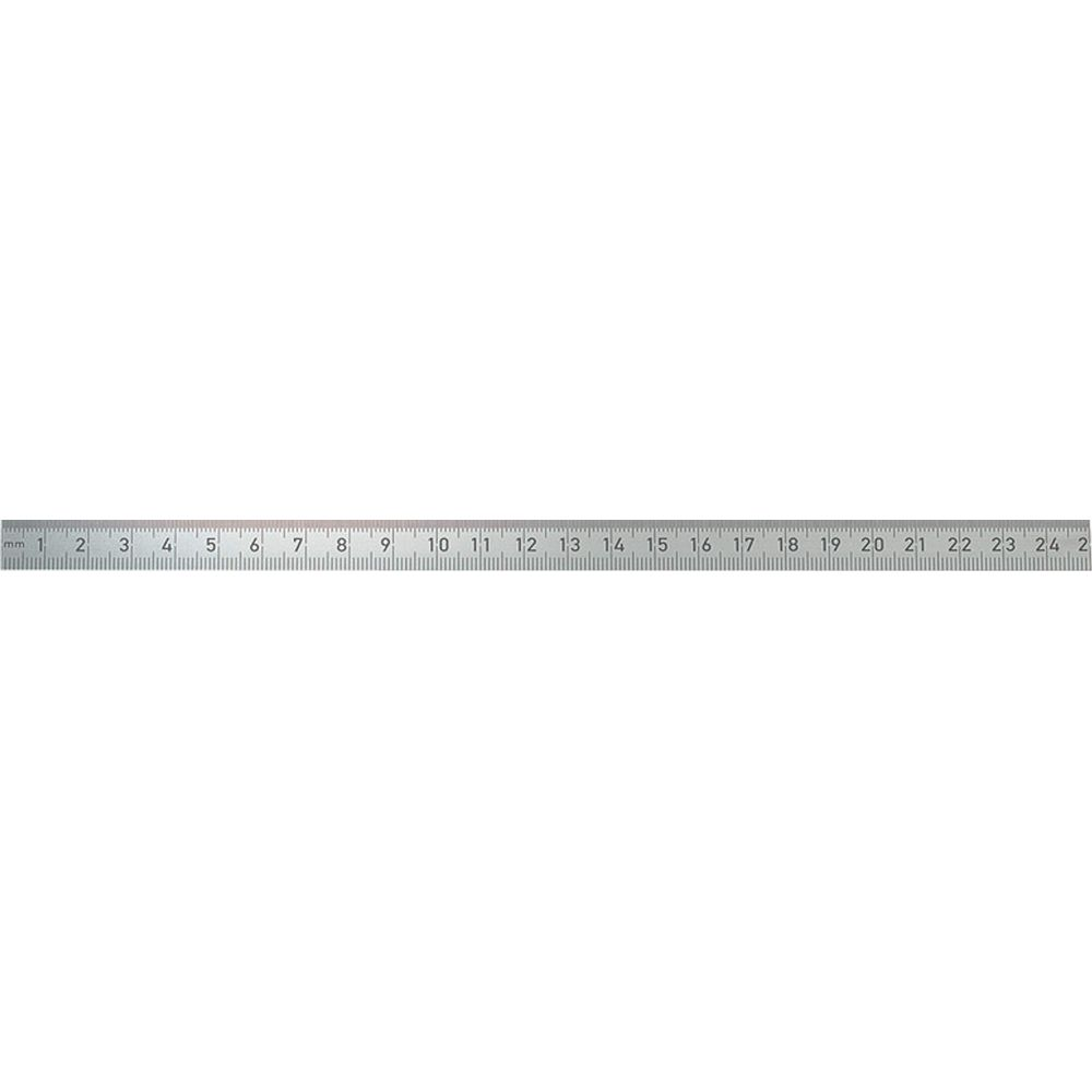 Une règle métallique argentée avec des marques noires de 1 à 24 cm.