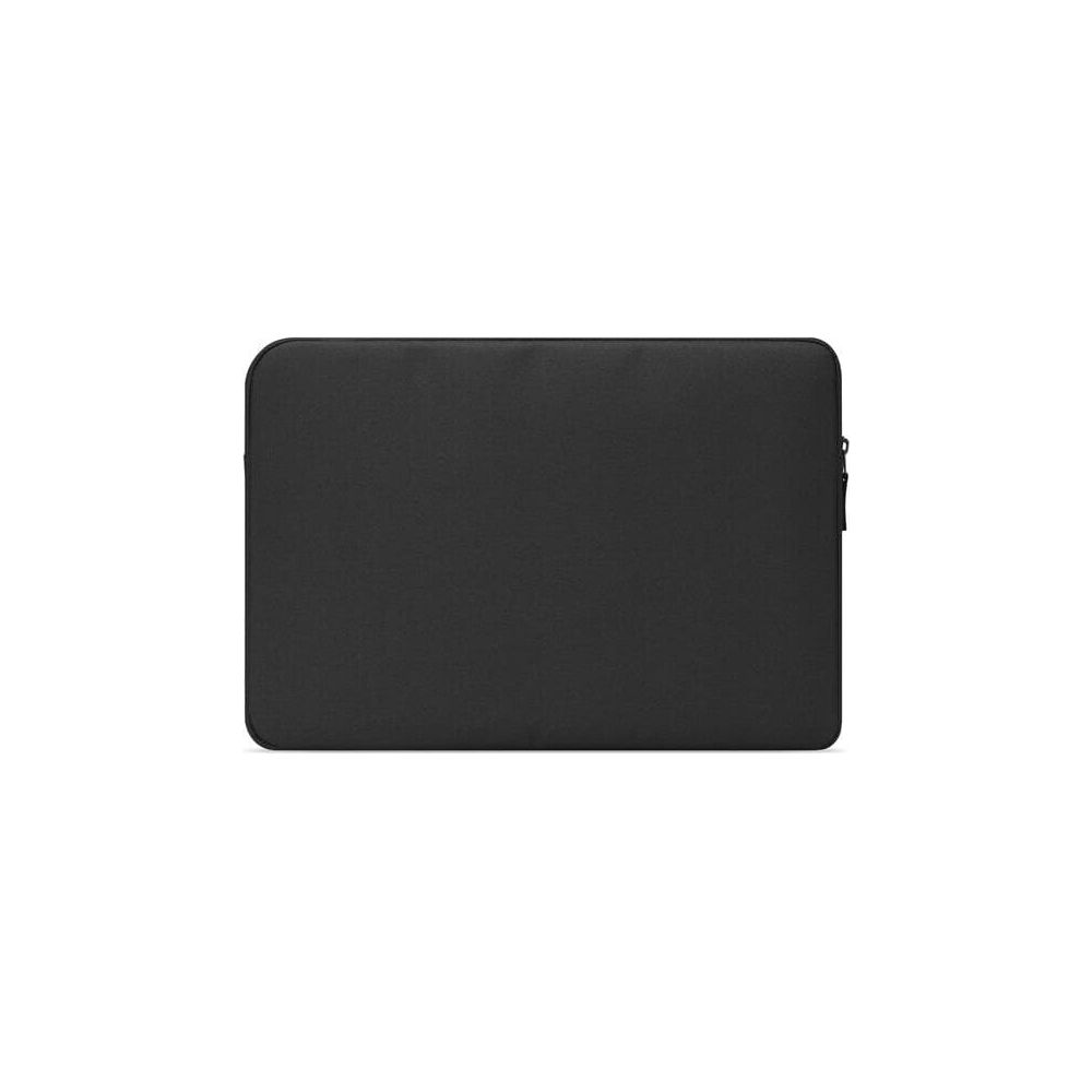 Custodia per laptop nera chiusa con cerniera sul lato destro.