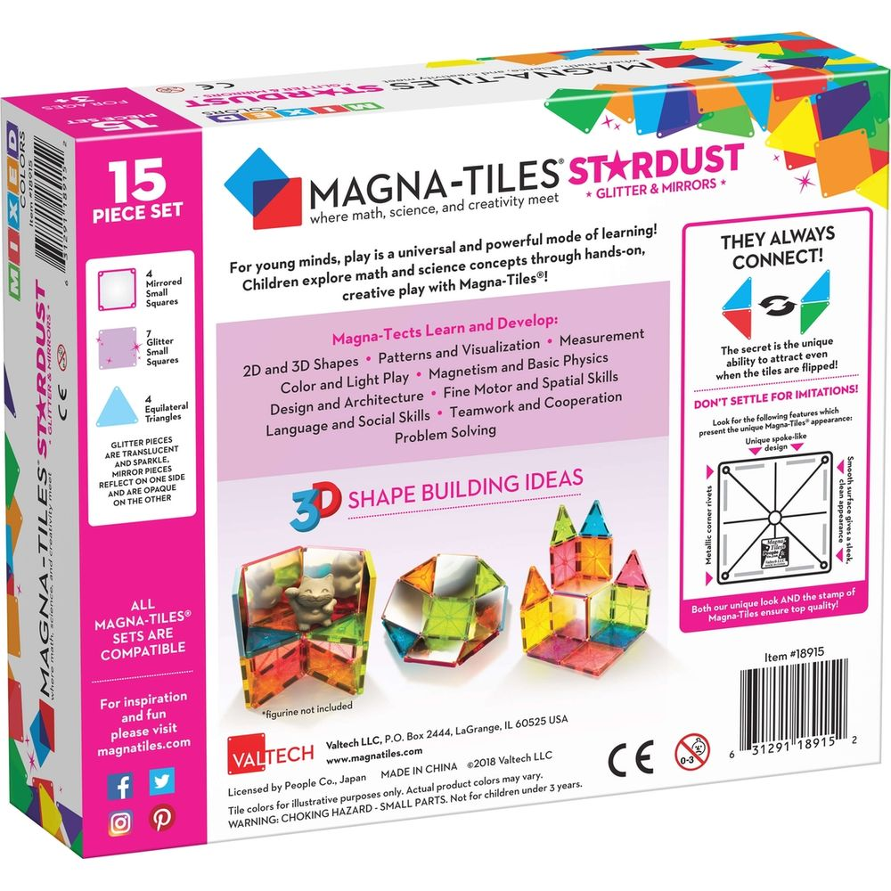 Boîte de set Magna-Tiles Stardust 15 pièces, paillettes et miroirs. Montre des pièces et des idées de construction.