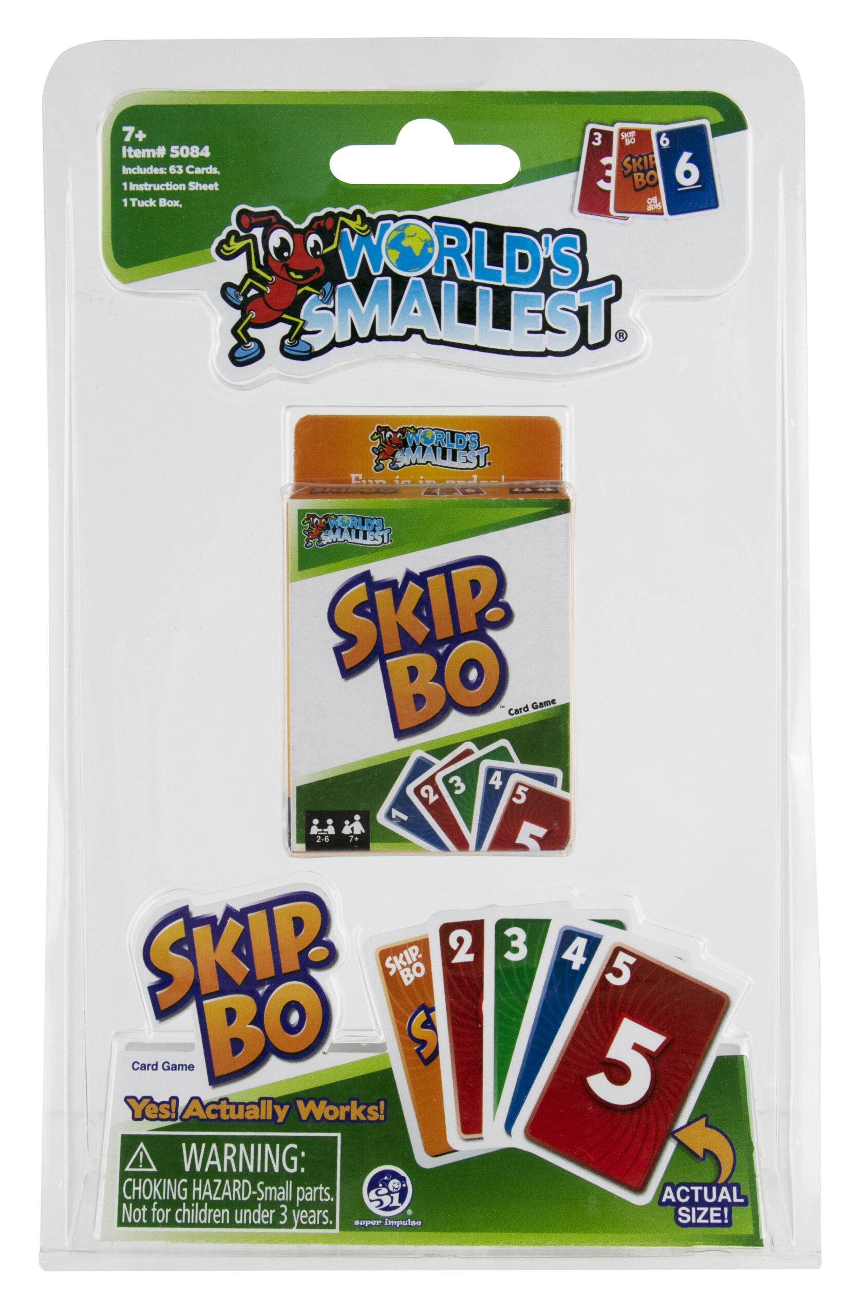 Verpackung des Skip-Bo-Kartenspiels in Weltkleinst-Größe mit Spielkarten und Warnhinweisen.