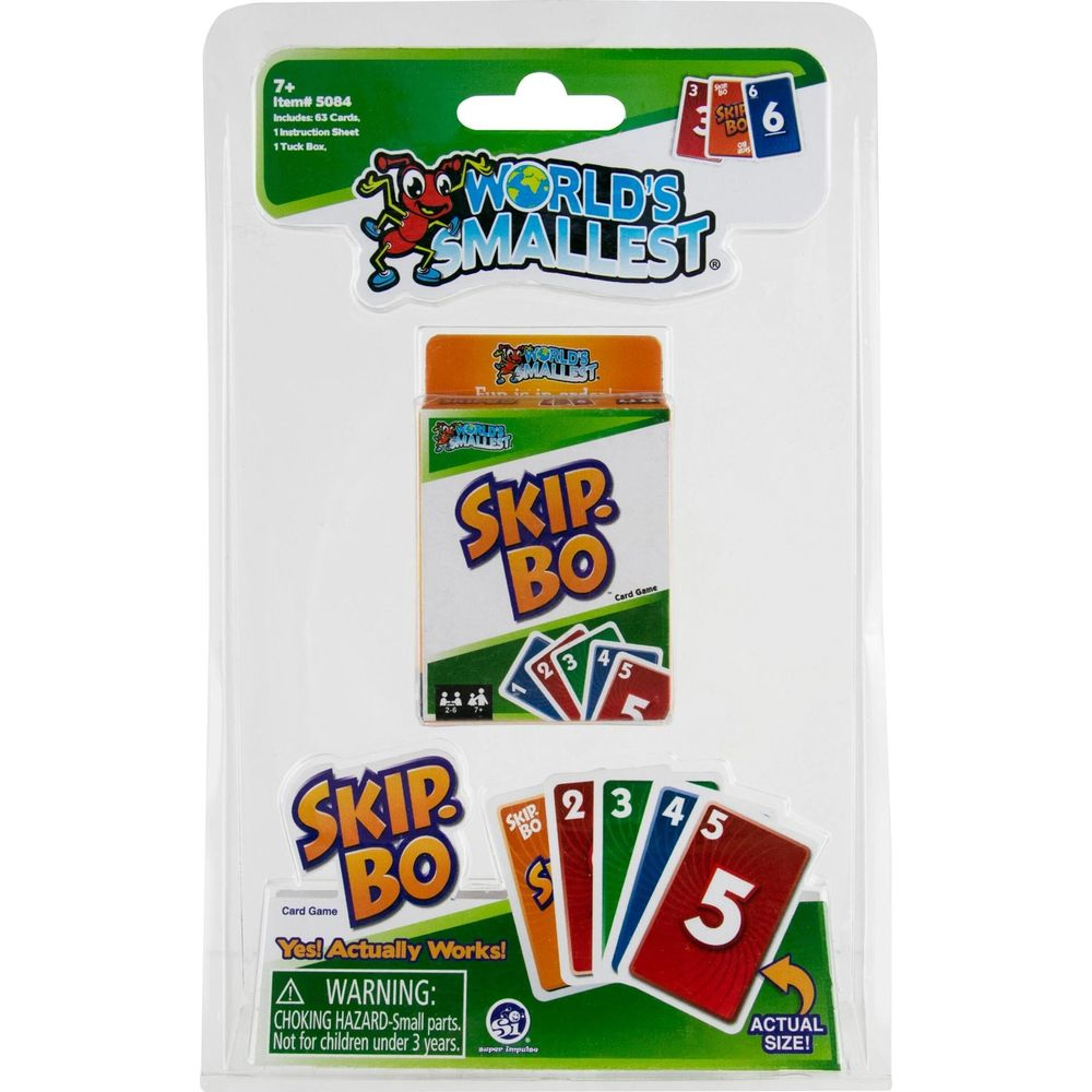 Verpackung des Skip-Bo-Kartenspiels in Weltkleinst-Edition mit Karten und Spielanleitung.