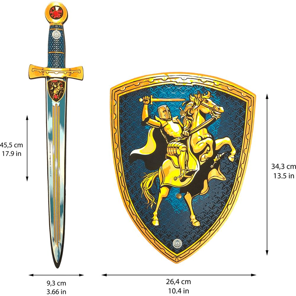 Una spada e uno scudo con un cavaliere a cavallo. Vengono mostrate le dimensioni.