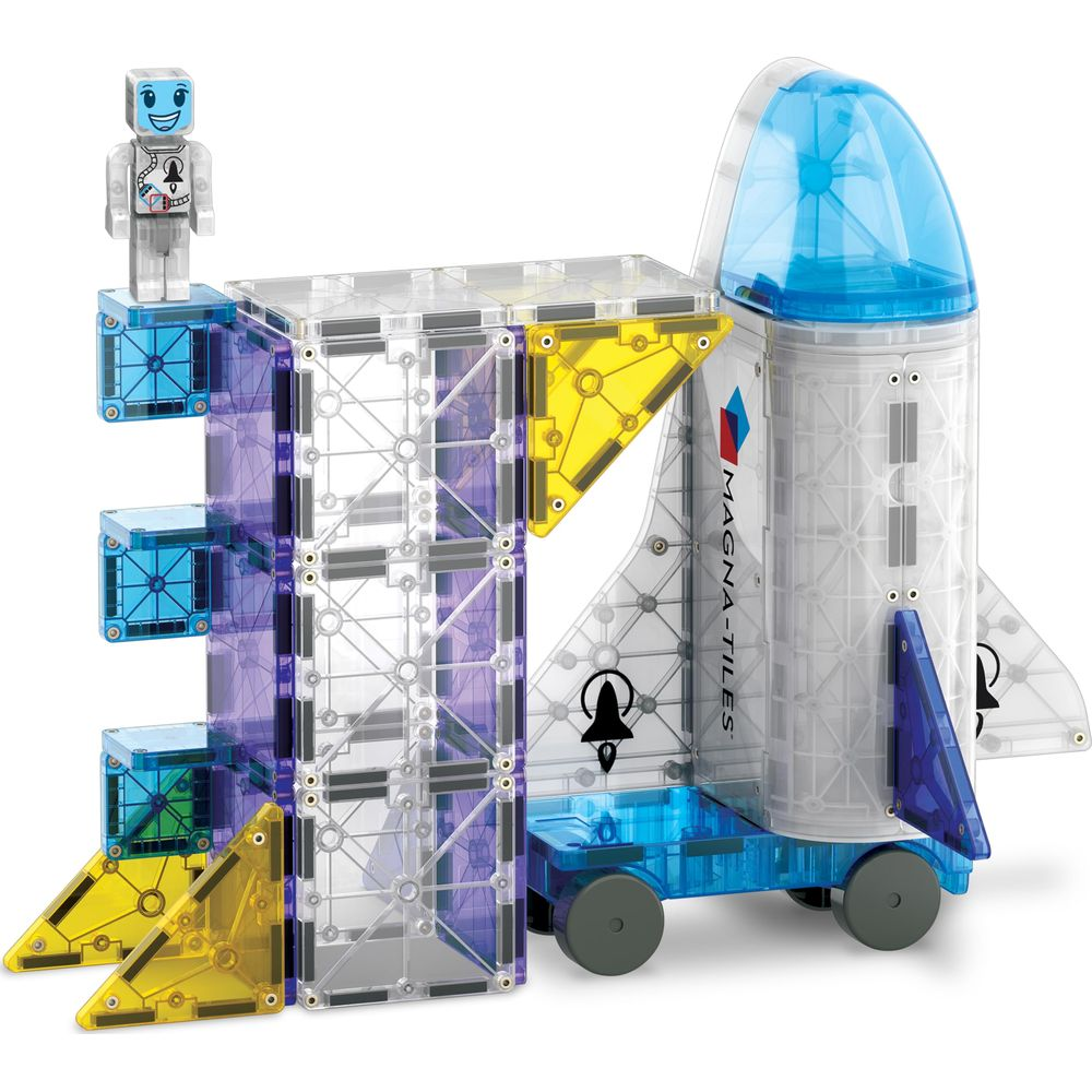 Ein transparentes Spielzeug-Raumschiff mit Startrampe und Roboterfigur.