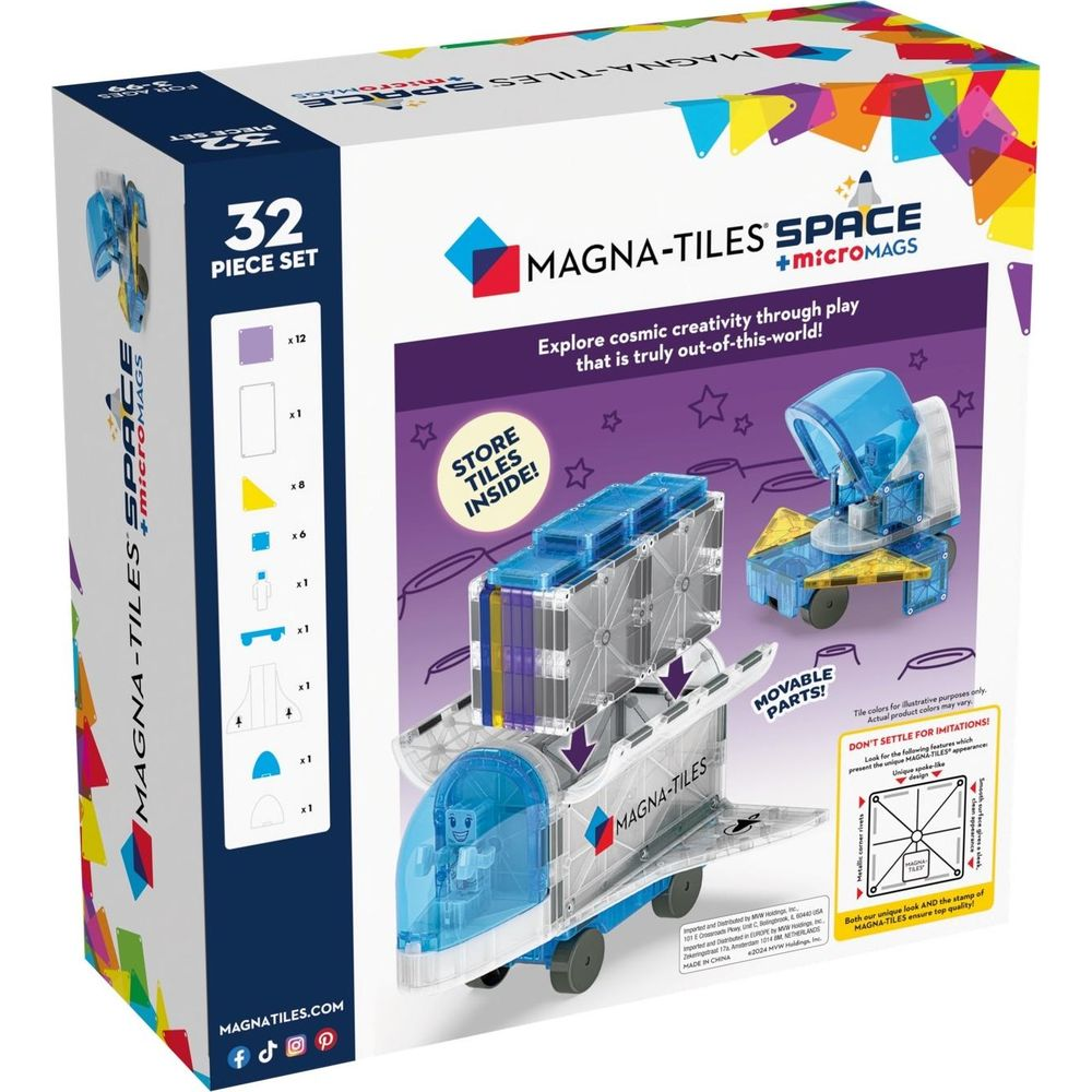 Verpackung eines Magna-Tiles-Weltraumspielzeugs mit Rakete und Raumschiff.