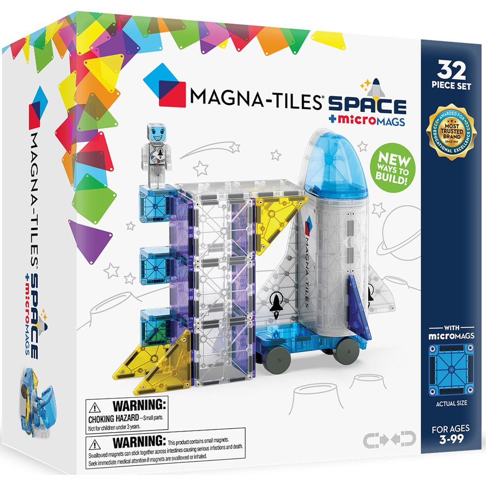 Magna-Tiles Space + micromAGS 32-teiliges Set mit Rakete und Bauwerk.