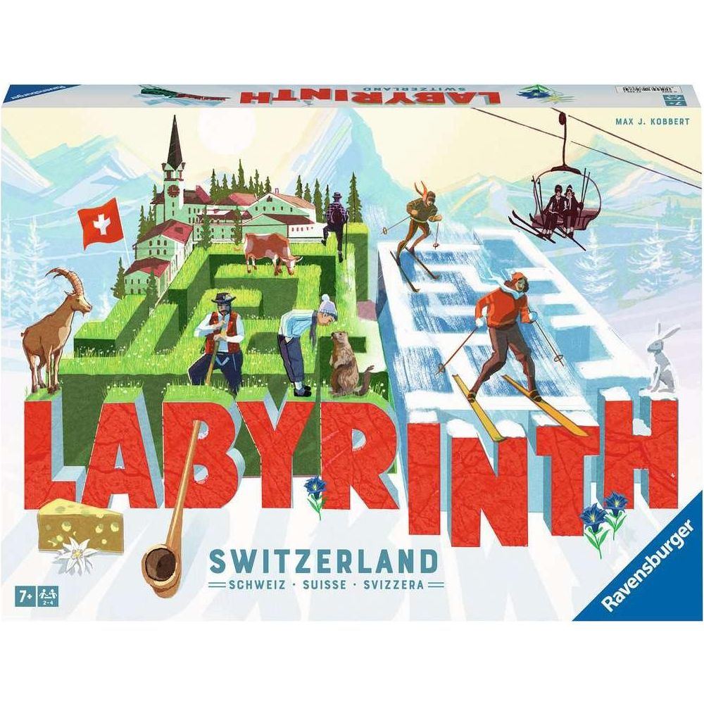 Brettspiel "Labyrinth Schweiz" mit Bergziege, Skifahrern und Dorf.