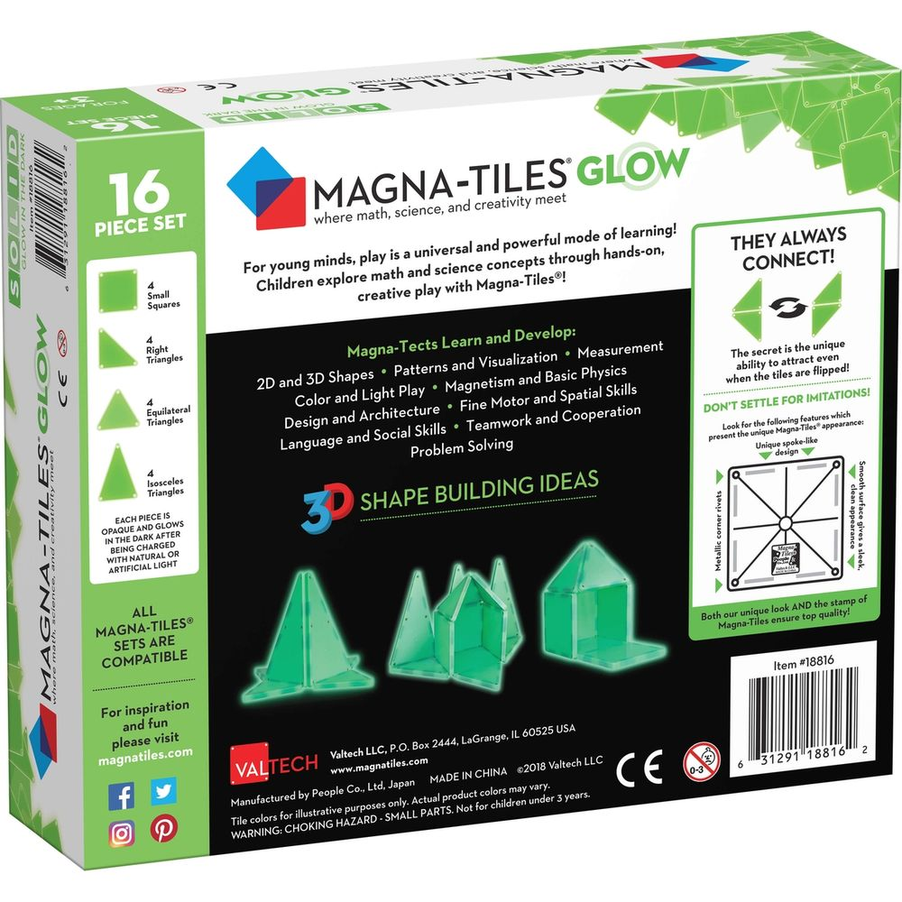 Boîte de set Magna-Tiles Glow 16 pièces avec triangles et carrés.