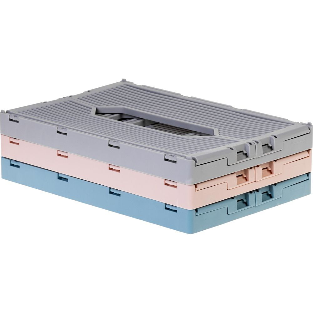 Drei stapelbare, zusammenklappbare Kunststoffboxen in Grau, Rosa und Blau.