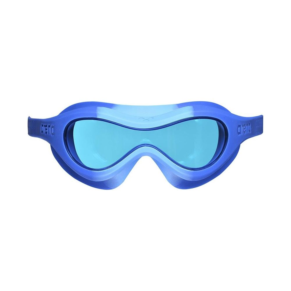 Blaue Schwimmbrille mit hellblauen Gläsern und einem Band.