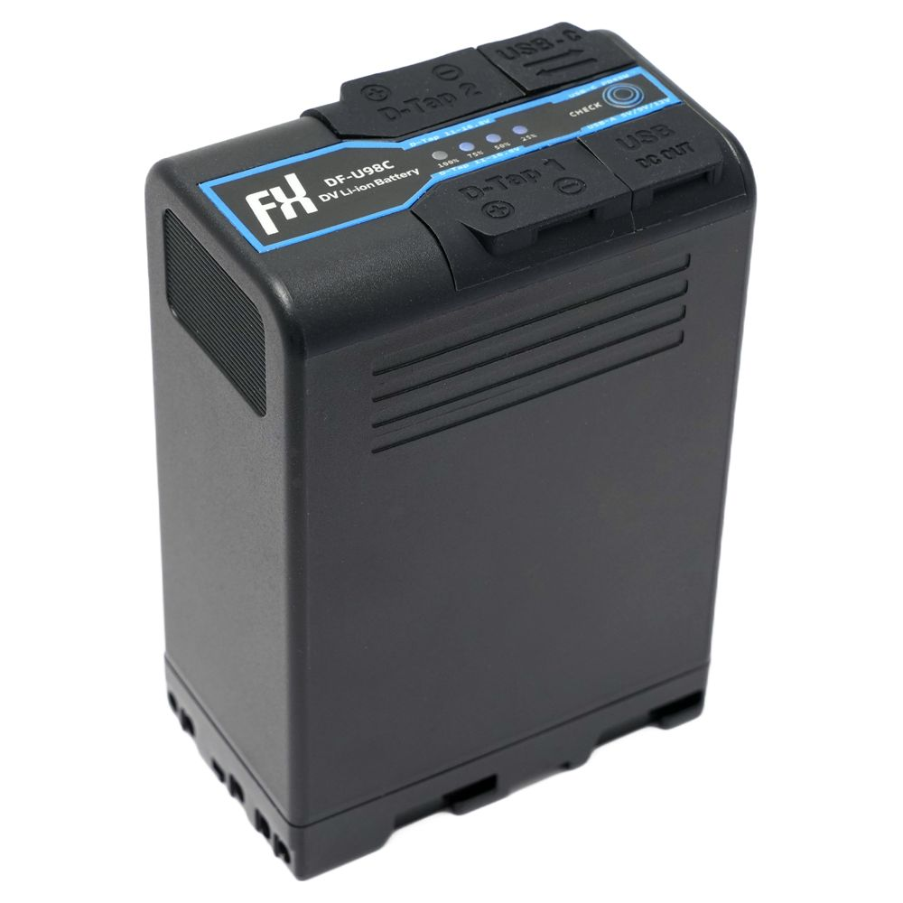 Una batteria nera DV Li-ion con porte e spie di carica.