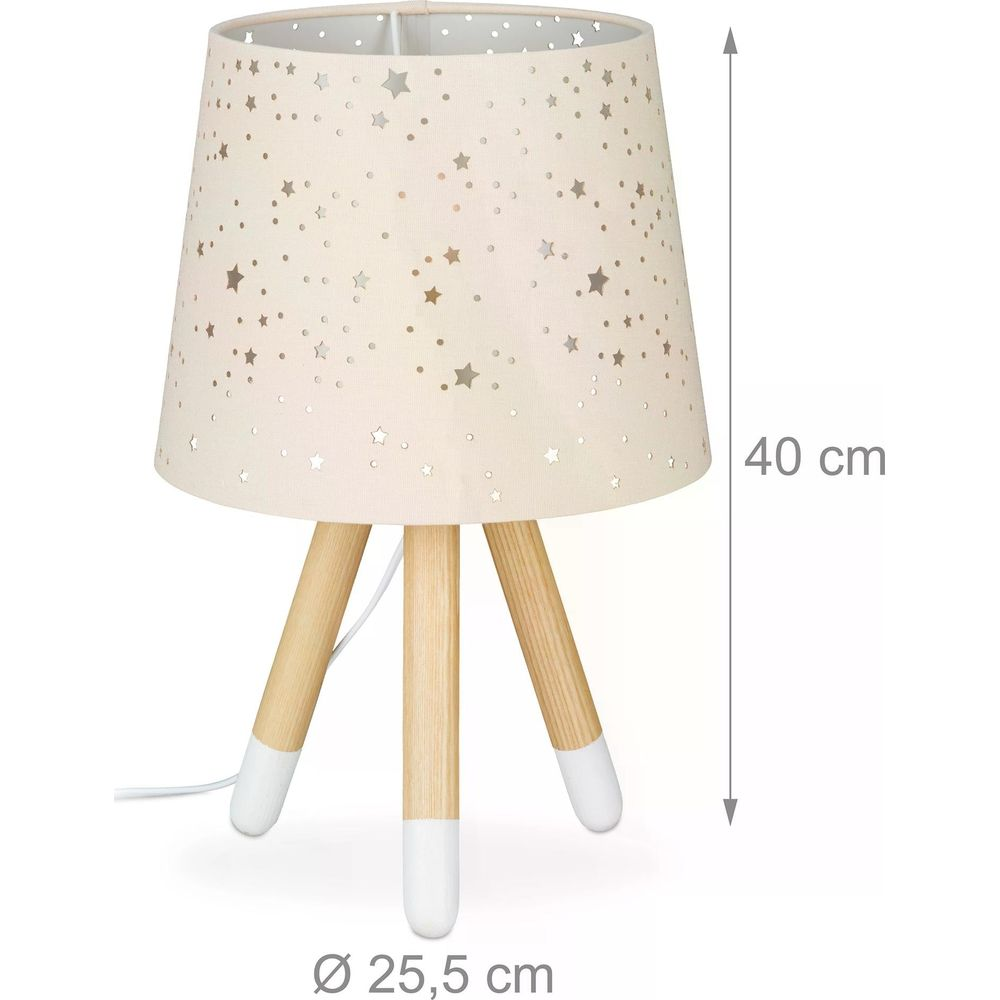Eine Lampe mit Sternenmuster und Holzbeinen, 40cm hoch, 25,5cm Durchmesser.
