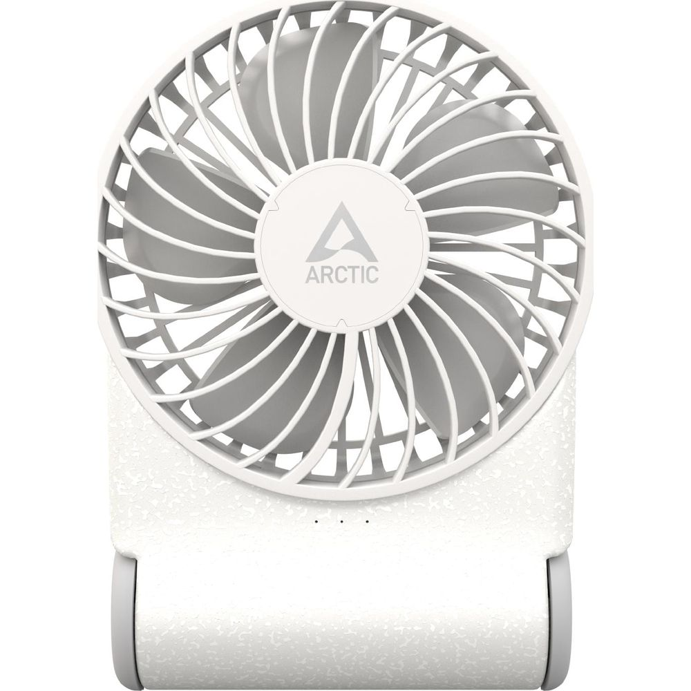 Una ventola portatile bianca con logo ARCTIC e accenti grigi.