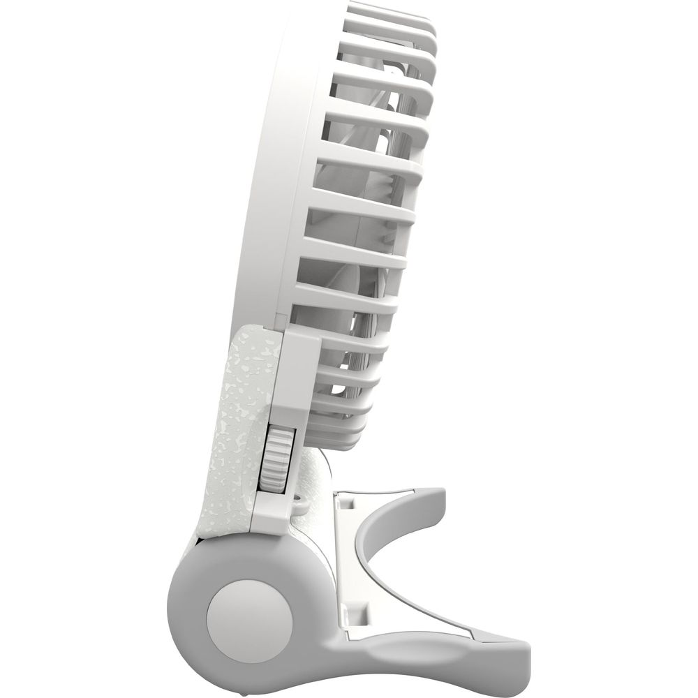 Ventilatore portatile bianco con supporto grigio e manopola di regolazione.