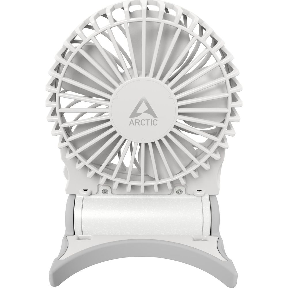 Un ventilatore bianco con base grigia e logo ARCTIC.
