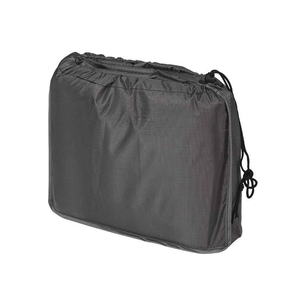 Graue Tasche mit Kordelzug, rechte Seite mit Schnur und Schleife.