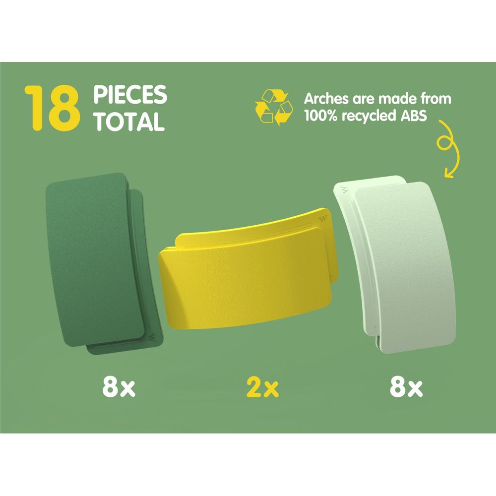 18 pezzi totali: 8 verdi, 2 gialli, 8 verde chiaro. Realizzato in ABS riciclato.