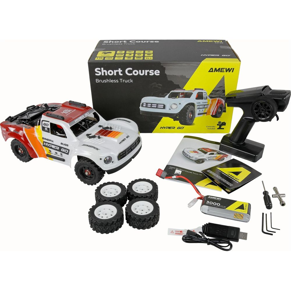 RC-Short-Course-Truck mit Zubehör: ferngesteuertes Auto, Fernbedienung, Akku, Anleitung, Werkzeug.