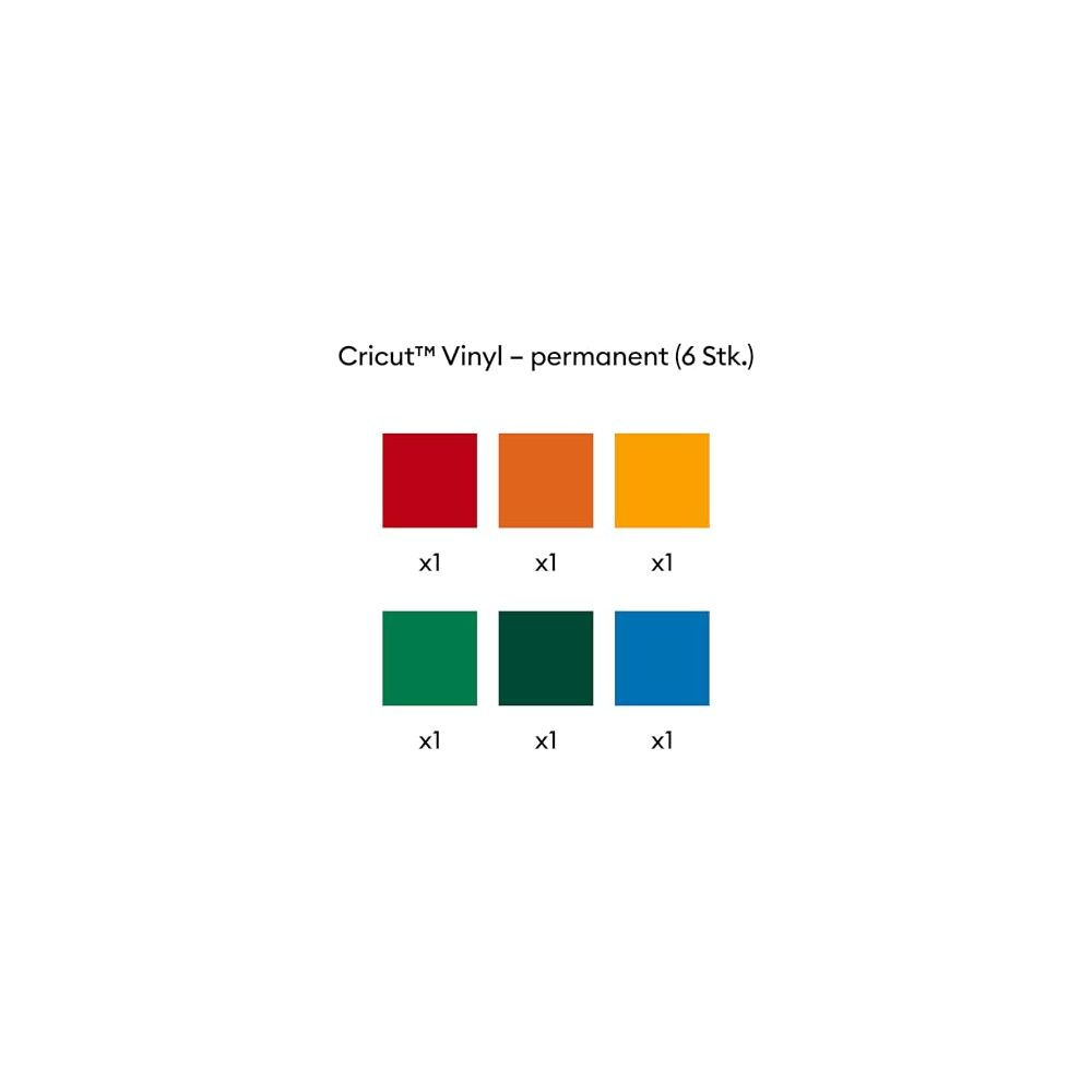 6 Cricut Vinylbögen: Rot, Orange, Gelb, Grün, Dunkelgrün, Blau.