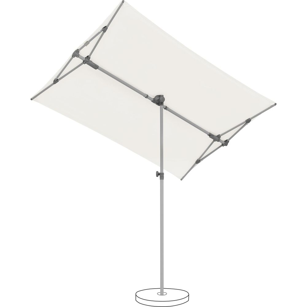 Ein rechteckiger weißer Sonnenschirm mit grauem Gestell und Sockel.