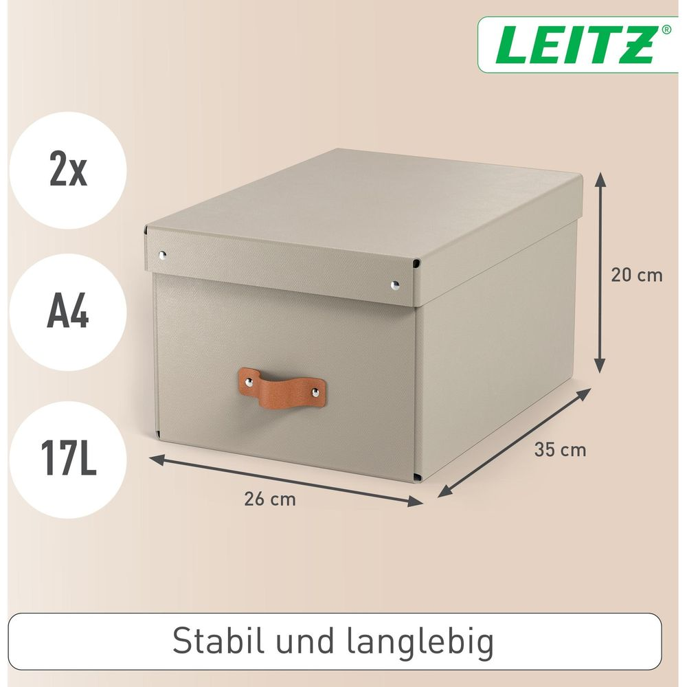 Graue Aufbewahrungsbox mit Ledergriff, 26x35x20cm, A4, 17L.