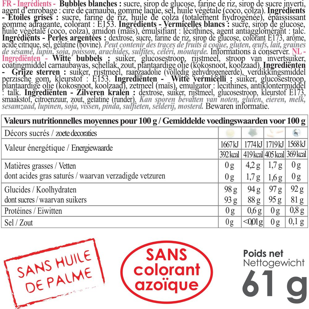 Nährwertangaben für 100g mit Siegeln 'Ohne Palmöl' und 'Ohne Azofarbstoff'.