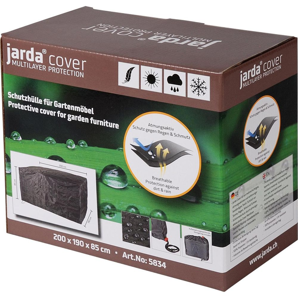 Verpackung für eine Gartenmöbelabdeckung: 200x190x85cm, atmungsaktiv, schützt vor Regen/Schmutz.