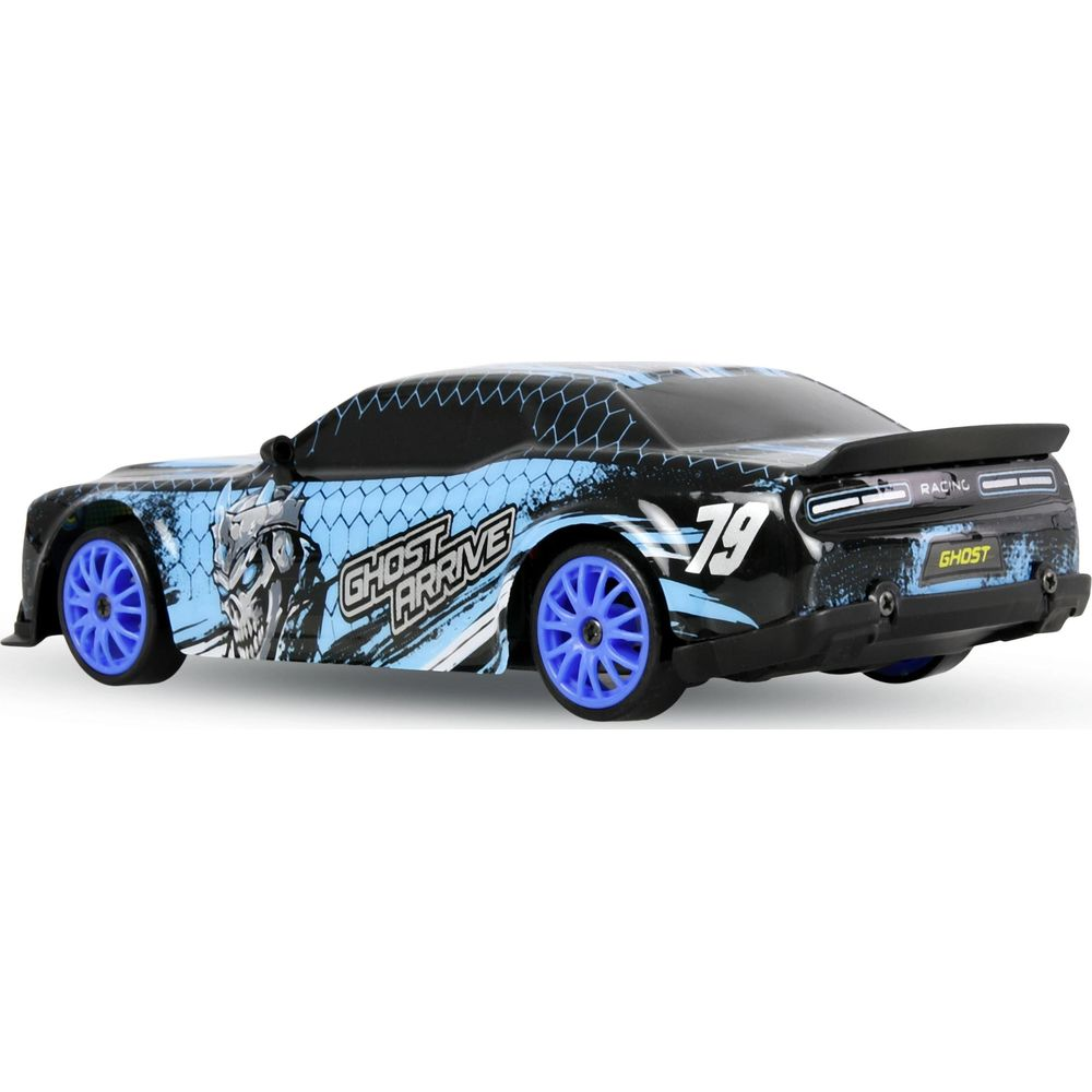 Schwarzes Rennauto mit blauem Totenkopfdesign und "Ghost Arrive"-Schriftzug.