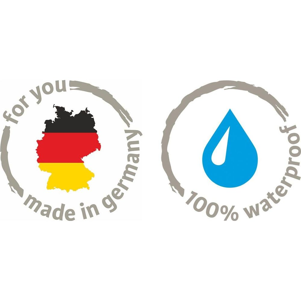 Karte von Deutschland mit Flaggenfarben und ein blauer Wassertropfen mit 100% wasserdicht.