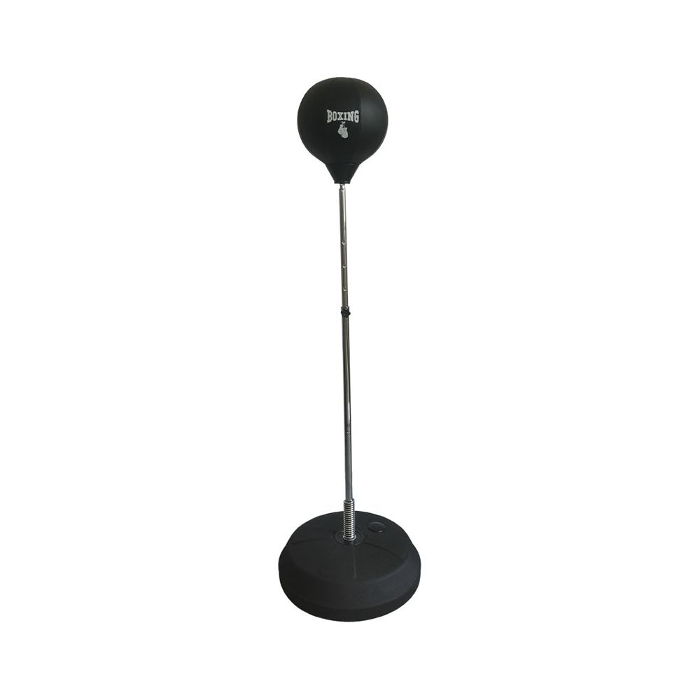 Un ballon de boxe noir sur un support réglable à base ronde.