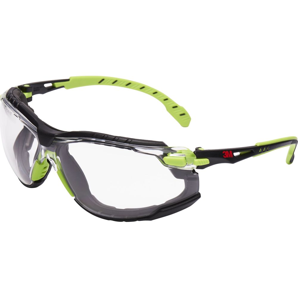 Schutzbrille mit klaren Gläsern, schwarzem Rahmen und hellgrünen Akzenten.