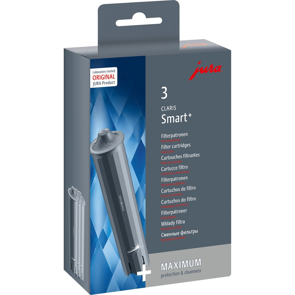 Jura CLARIS Smart+ Filterkartusche, grauer Zylinder mit blauer Welle, auf grauem Karton.