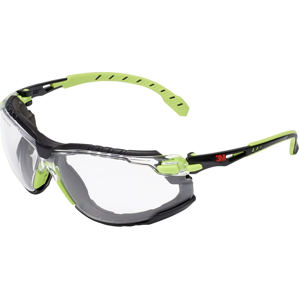 Klare Schutzbrille mit schwarzem Rahmen und neongrünen Akzenten.