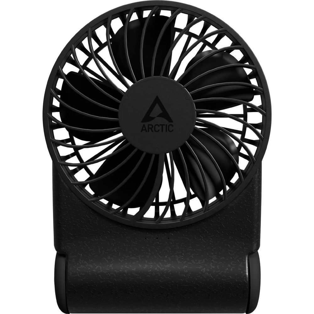 Ein schwarzer Arctic-Ventilator mit texturiertem Sockel und einem runden Gitter mit Flügeln.