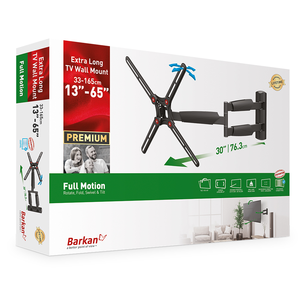 Verpackung für eine Barkan TV-Wandhalterung, schwarz, ausziehbar für 13-65 Zoll TVs.