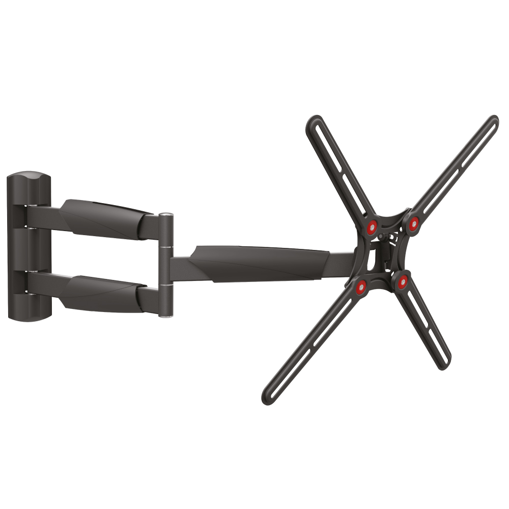 Ein schwarzer, ausziehbarer TV-Wandhalter mit Gelenkarmen und VESA-Halterung.
