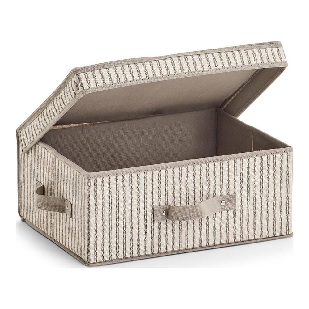 Graue und weiße gestreifte Aufbewahrungsbox mit offenem Deckel und Griffen.