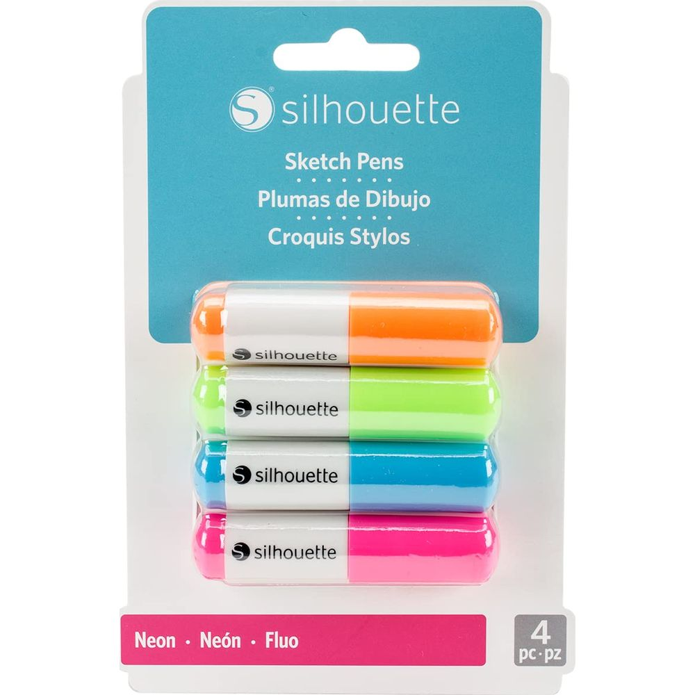 Vier Silhouette Sketch Pens in Neonfarben: Orange, Grün, Blau und Pink.