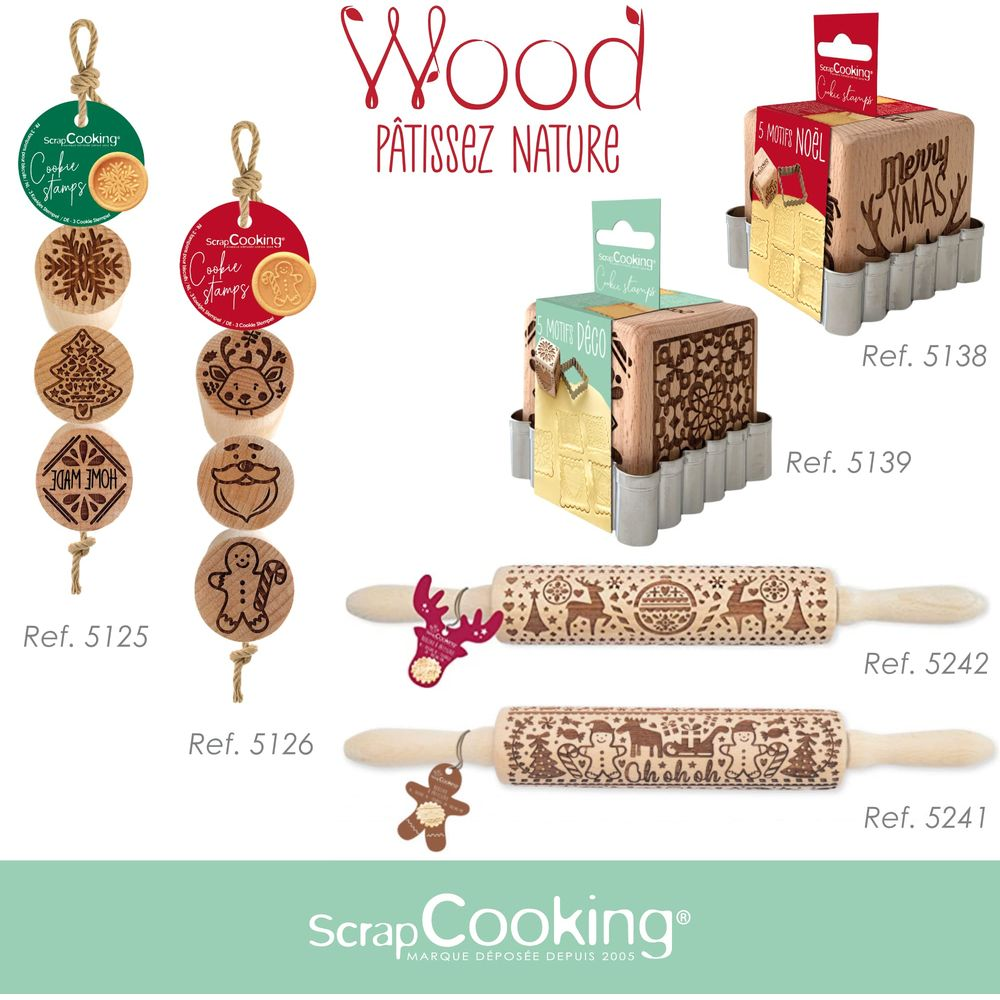 Holz-Keksausstecher und Rollen mit Weihnachtsmotiven.