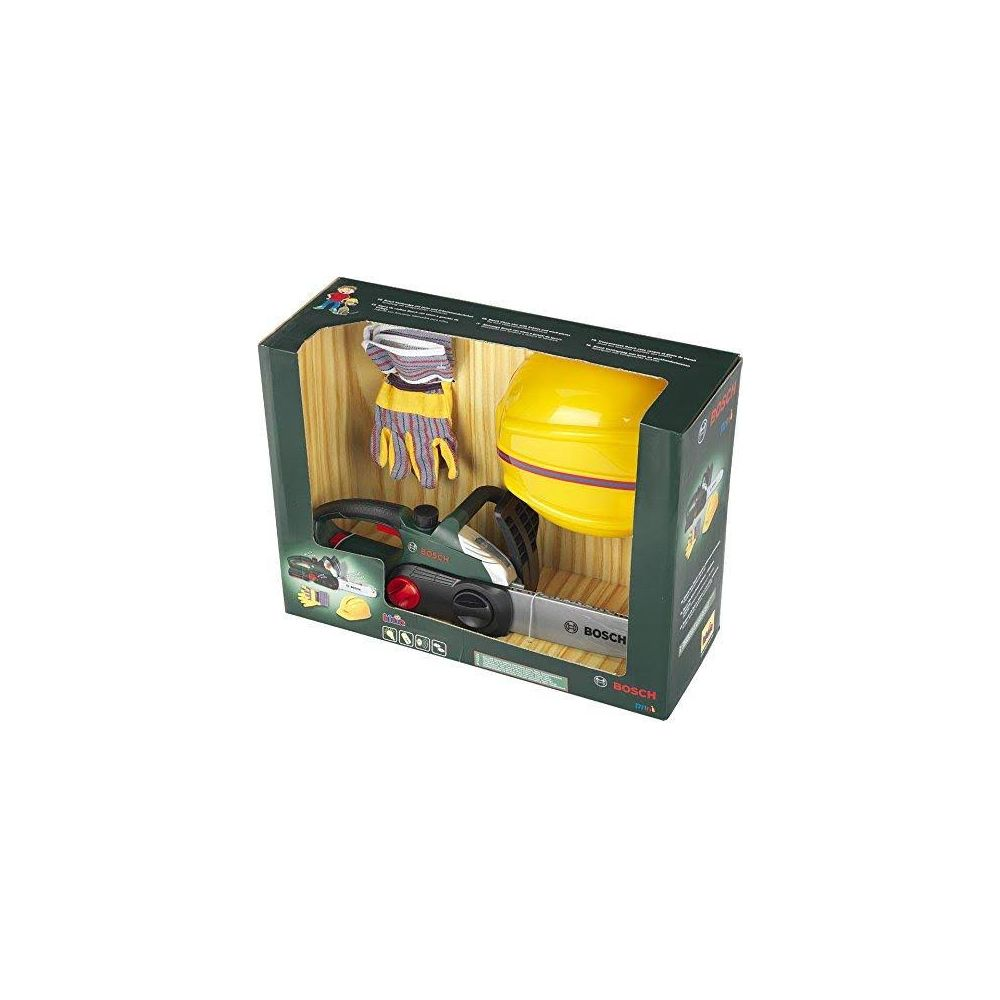 Set giocattolo motosega Bosch con guanti e casco in una scatola.