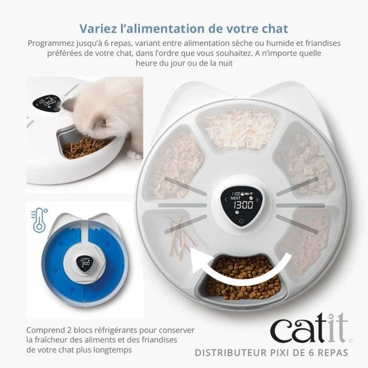 Distributore cibo per gatti con 6 scomparti pieni di cibo e snack.