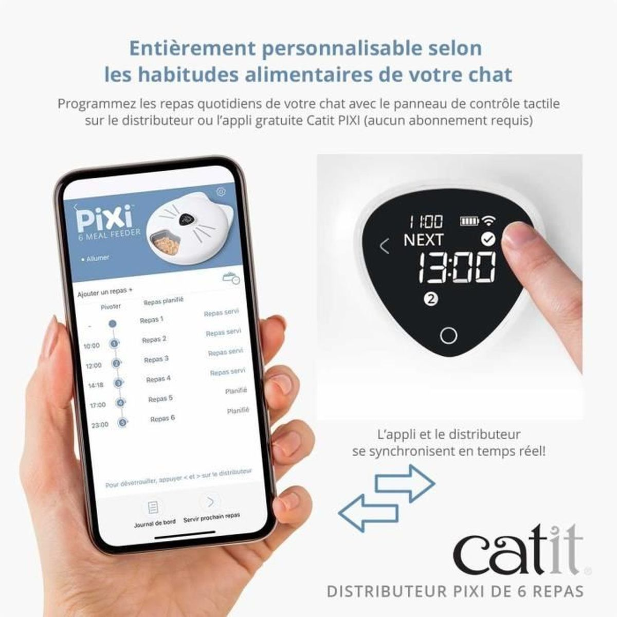 Uno smartphone mostra un'app per mangiatoia per gatti. Accanto, una mangiatoia con display.
