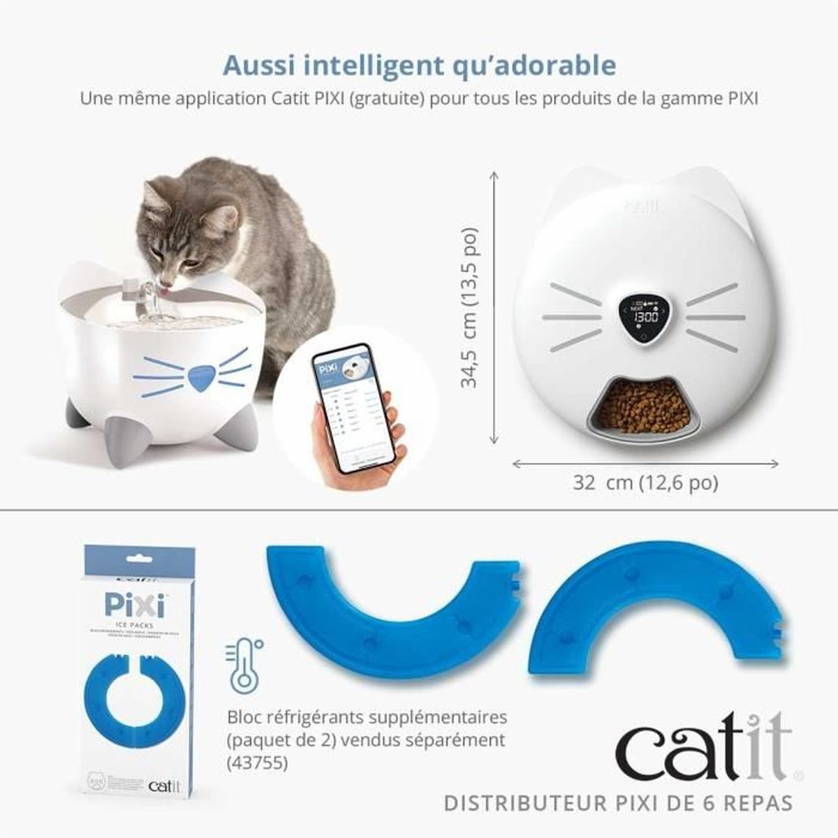 Un gatto beve da una fontanella bianca a forma di gatto. Un distributore di cibo accanto.